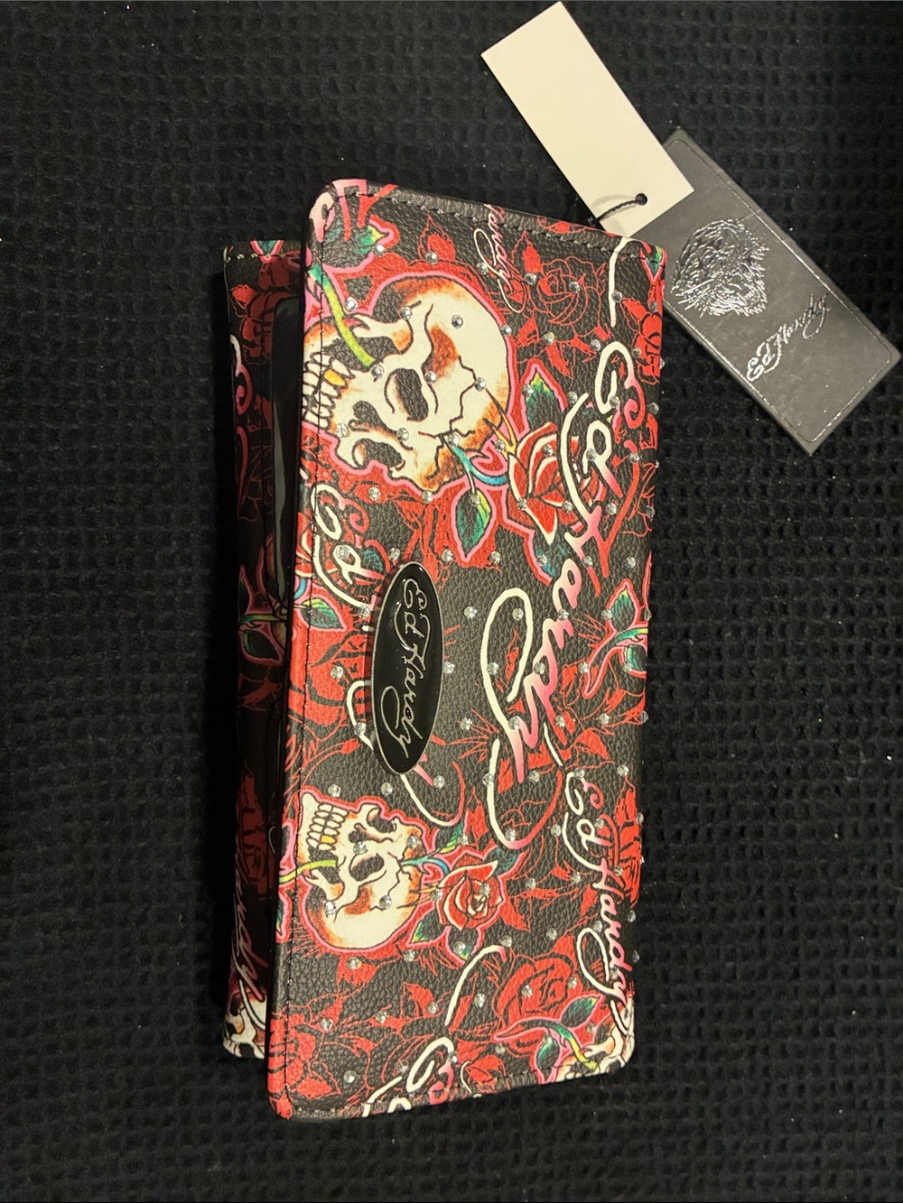 Ed Hardy Black & Red Skull Rose Continental Wallet